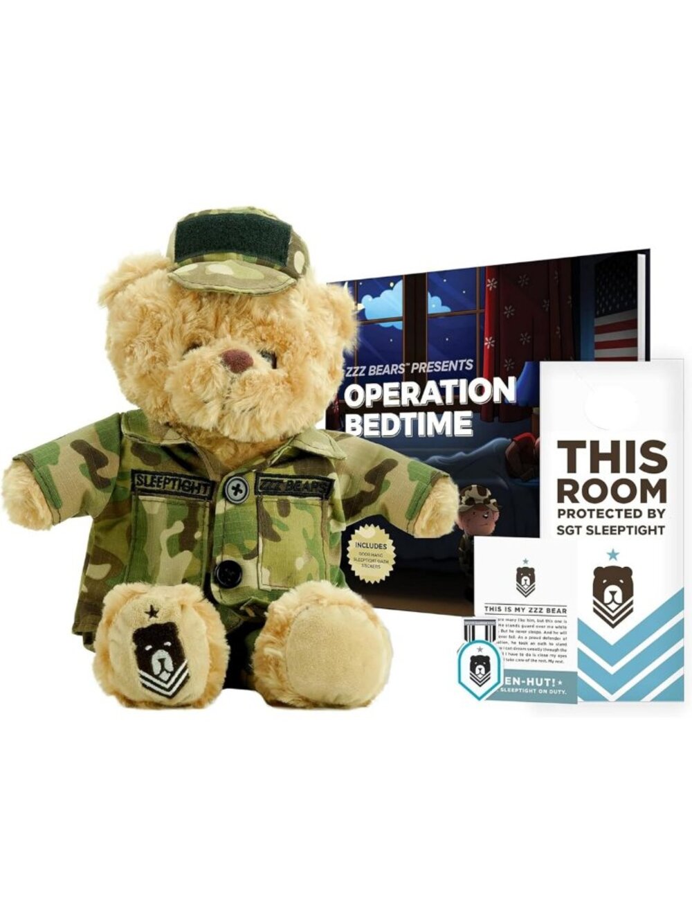 Cozy Army Teddy Bear with Storybook & Sleep System for Kids' Bedtime Comfort